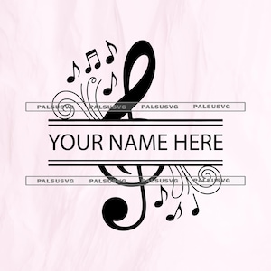 May include: Black musical treble clef design with musical notes and the text "YOUR NAME HERE" in a rectangular frame. The design is on a light pink background. The design is suitable for music-themed products.