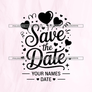 Può includere: Design in bianco e nero "Save the Date" con cuori e stelle. Il testo include "Save the Date", "I vostri nomi" e "Data". Il design è su uno sfondo rosa chiaro.