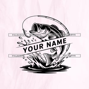 May include: A monochrome graphic depicting a largemouth bass leaping from water, with a fishing rod and hook overhead. The text "YOUR NAME" is on a banner. Ideal for anglers, this design is suitable for various applications.