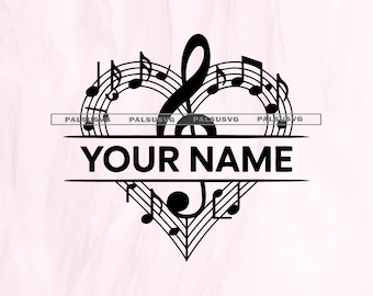 May include: Black and white musical design featuring a heart shape composed of musical notes and a treble clef. The words "YOUR NAME" are centered below the heart. The bottom of the image displays "SVG EPS DXF PNG PDF".