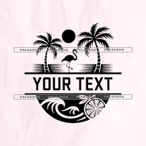 May include: Black and white tropical design featuring palm trees, a flamingo, and a sun. The words "YOUR TEXT" are displayed in bold font. A wave and a slice of citrus fruit complete the design.