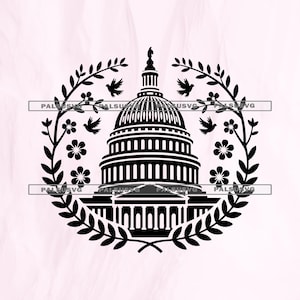 May include: A black graphic illustration of the United States Capitol building dome centred within a circular wreath of leaves, flowers, and flying birds. The text PALSVG is repeated horizontally across the centre of the design.