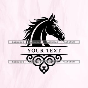 May include: Black horse head silhouette with flowing mane, above a horizontal line and decorative scrollwork. The text "YOUR TEXT" is centered below the horse head. The design is suitable for various crafts and personalization projects.