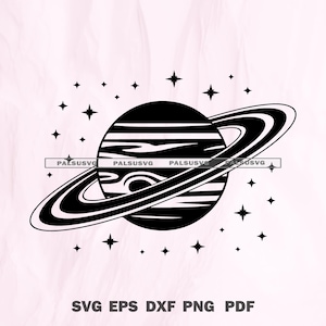 May include: Black graphic of a planet with rings and stars. The planet has horizontal stripes and is surrounded by a ring. Several stars of varying sizes are scattered around the planet. The bottom of the image includes the text "SVG EPS DXF PNG PDF".