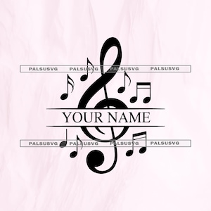 May include: Black musical clef design with musical notes and the text "YOUR NAME" in a horizontal bar. The design is on a light pink background. The text "PALSUSVG" is repeated horizontally.