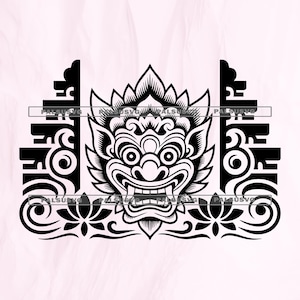May include: Black and white illustration of a Balinese Barong mask, a mythical creature in Balinese Hinduism. The mask features a detailed face with large eyes, a wide mouth, and intricate floral and geometric patterns.