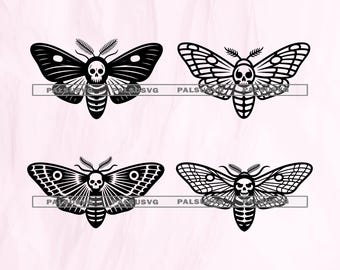 May include: Four black moth illustrations with skull designs. Each moth has detailed wing patterns and a skull in place of a head. The designs are set against a light pink background, with the text "PALSUSVG" visible.