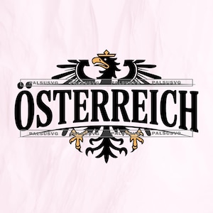 以下が含まれることがあります： 太字の「ÖSTERREICH」の文字と、その上下に様式化されたワシのエンブレムが描かれた、黒と金のグラフィック。デザインには、長方形の枠内に「PALSUSVG」の文字が含まれています。