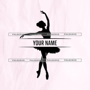Puede incluir: Silueta negra de una bailarina en pose elegante, con un brazo levantado y el otro extendido. El texto "YOUR NAME" está centrado debajo de una línea horizontal. El fondo es rosa pálido.