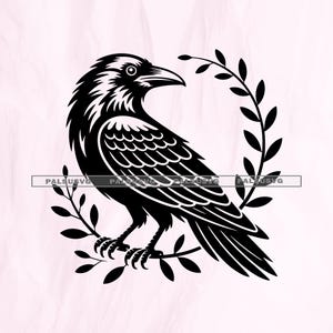 May include: A black and white illustration of a raven perched on a branch, surrounded by a laurel wreath. The raven is depicted in profile, with detailed feathers and a sharp beak. The design is a vector graphic.