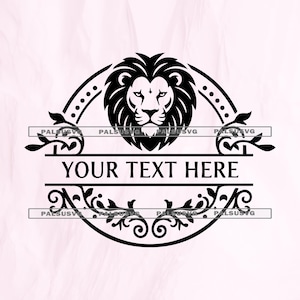 Könnte beinhalten: Schwarz-weißes Löwenkopf-Design mit dem Text "YOUR TEXT HERE" in einem dekorativen ovalen Rahmen. Das Design enthält florale Akzente und eignet sich für verschiedene Anwendungen.