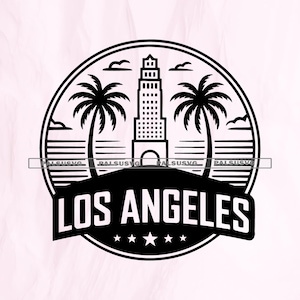 May include: Black and white circular graphic featuring a Los Angeles city scene. The design includes a tall building, palm trees, and the text "LOS ANGELES" in a banner, with stars below.