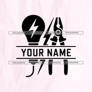 May include: Black graphic design featuring a lightbulb with a lightning bolt, pliers, and the text "YOUR NAME" in a bold font. The design is suitable for electricians and electrical work.