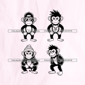 May include: Four black and white cartoon monkey illustrations. Each monkey has a different style: one wears a cap and sunglasses, another a gold chain, a third a beanie and jacket, and the last a leather jacket.