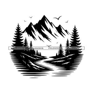 May include: Black and white illustration of a mountain range with a river flowing through a forest. The image features several pine trees and birds in flight, creating a serene outdoor scene.