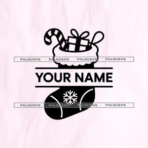 May include: Black and white Christmas stocking design with a candy cane, gift, and snowflake. The text "YOUR NAME" is centered below the stocking, with horizontal lines above and below the text. A festive holiday graphic.