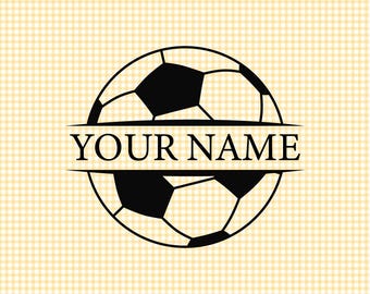 May include: Black and white soccer ball with a banner that says "YOUR NAME" on a yellow and white gingham background.