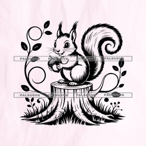 May include: A black and white illustration of a squirrel holding an acorn, perched on a tree stump. The squirrel has a fluffy tail and is surrounded by leaves and vines. The image is a vector graphic.