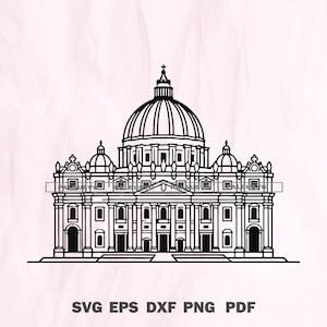 May include: Black and white line art illustration of St. Peter's Basilica, featuring a large dome and detailed architectural elements. The image includes the text "SVG EPS DXF PNG PDF" at the bottom.