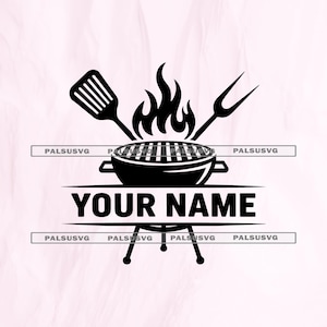May include: Black and white barbecue grill design with flames, a spatula, and a fork. The text "YOUR NAME" is displayed below the grill. The design is suitable for personalized items.