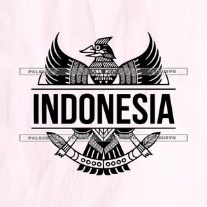 May include: A black and white graphic of the Indonesian coat of arms, featuring a stylized bird with outstretched wings above the word "INDONESIA". The design includes geometric patterns and a curved emblem below.
