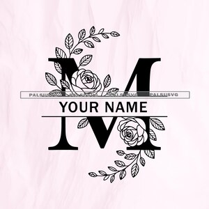 May include: Black floral monogram letter "M" with the text "YOUR NAME" below. The letter is decorated with roses and leaves. The background is a light pink color.