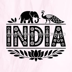May include: Black and white graphic design featuring the word "INDIA" in a decorative font, with an elephant and peacock above. A lotus flower design is at the bottom. The design is on a light pink background.