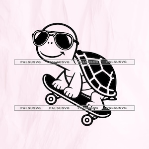 May include: A black and white illustration of a turtle wearing sunglasses and riding a skateboard. The turtle has a smiling face and a patterned shell. The skateboard has four wheels.