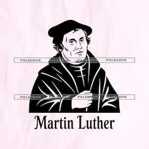 May include: Black and white illustration of Martin Luther, a historical figure, wearing a hat and robe. The name "Martin Luther" is written in a bold, stylized font below the portrait. The image has a minimalist design.