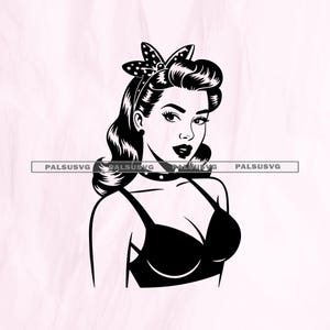 May include: Black and white pin-up girl illustration. The woman has dark wavy hair, a polka dot bow, and a black bra. She is wearing a choker necklace and has dark lipstick. The image is a vector graphic.