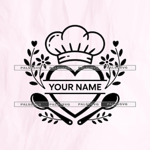May include: Black and white chef-themed design featuring a chef's hat above a heart shape with the text "YOUR NAME". Includes two spoons and floral accents, perfect for kitchen decor or personalized gifts.