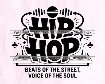 以下が含まれることがあります： 黒と白のグラフィックで、太字の「HIP HOP」の文字、マイク、音波が描かれています。下には「BEATS OF THE STREET, VOICE OF THE SOUL」というテキストがあります。デザインにはターンテーブルと様式化された要素が含まれています。
