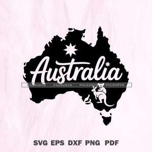 Op de afbeelding: Zwart-wit afbeelding van het Australische continent met het woord "Australia" in een sierlijk lettertype. Een kangoeroe en haar jong worden rechtsonder afgebeeld. Sterren zijn op de kaart geplaatst. De onderkant van de afbeelding toont "SVG EPS DXF PNG PDF".