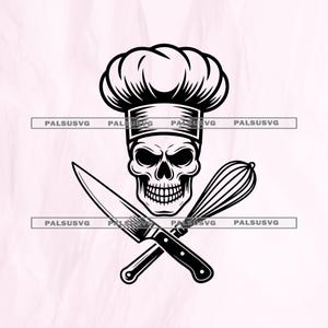 May include: A black and white illustration of a skull wearing a chef's hat, with crossed knife and whisk. The skull has a detailed design with visible teeth and eye sockets. The chef's hat is large and puffy.