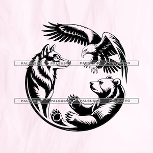 May include: Black and white illustration of a wolf, eagle, and bear arranged in a circular design. The wolf faces the eagle, which is mid-flight. The bear is positioned below, with its paws raised. The artwork has a minimalist style.