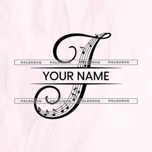 May include: A black graphic design featuring a stylized letter J integrated with musical staff lines and notes. The design includes a horizontal split section with the text YOUR NAME in the center and the repeated watermark text PALSUSVG.