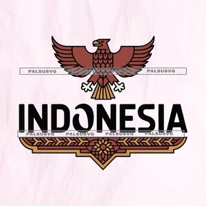May include: A vector graphic featuring the word "INDONESIA" in bold black letters, with a stylized eagle emblem above. The eagle is brown with outstretched wings. A decorative border in gold and brown accents the text.