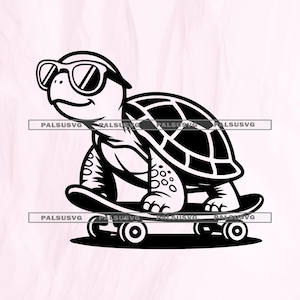 May include: Black and white illustration of a turtle wearing sunglasses and riding a skateboard. The turtle has a detailed shell pattern and is smiling. The skateboard has four wheels.