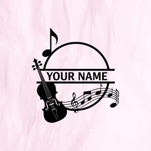 以下が含まれることがあります： 「YOUR NAME」というテキストが書かれた円を囲む、バイオリン、ト音記号、音符の黒と白のシルエット。