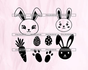 Puede incluir: Gráficos digitales en blanco y negro con temática de Pascua. La imagen incluye caras de conejos, huevos de Pascua, una zanahoria y huellas de conejos. El texto en la parte inferior dice "SVG EPS DXF PNG PDF".