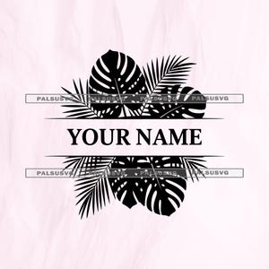 May include: A black graphic design featuring a split horizontal frame with the text YOUR NAME centered in the middle. The design is surrounded by detailed silhouettes of tropical monstera and palm leaves, creating a botanical arrangement.