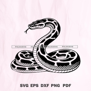 May include: Black and white illustration of a snake with a forked tongue. The snake is coiled, with a detailed pattern on its body. The image includes the text "SVG EPS DXF PNG PDF".
