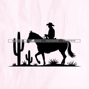 A black silhouette of a cowboy riding a horse through a desert landscape with a large saguaro cactus. A classic western-themed design.