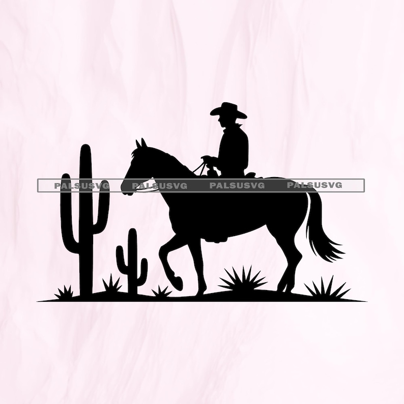 A black silhouette of a cowboy riding a horse through a desert landscape with a large saguaro cactus. A classic western-themed design.