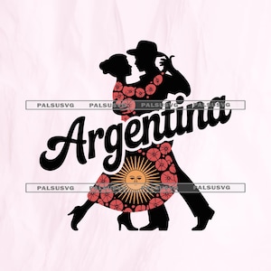 Puede incluir: Silueta negra de una pareja bailando, con la palabra "Argentina" en escritura cursiva. El vestido de la mujer presenta un diseño de sol y patrones florales en rojo y naranja. El hombre lleva un sombrero.