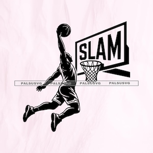 May include: Black and white illustration of a basketball player performing a slam dunk. The word "SLAM" is displayed in bold letters above the hoop. The player is in mid-air, holding the ball.