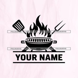 May include: Black and white graphic of a barbecue grill with flames, a spatula, and a fork. The text "YOUR NAME" is displayed below the grill, perfect for personalized grilling accessories.