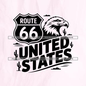 May include: Black and white Route 66 sign with an eagle head, cactus, and the words "UNITED STATES". The sign features the number 66 inside a shield shape, with the word "ROUTE" above it.