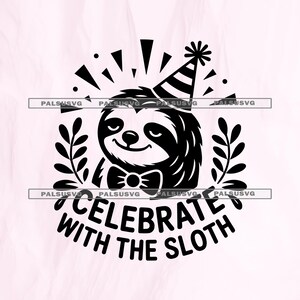 Può includere: Illustrazione in bianco e nero di un bradipo sorridente con cappello da festa e papillon, circondato da elementi celebrativi. Il testo "Celebrate with the Sloth" è in basso.