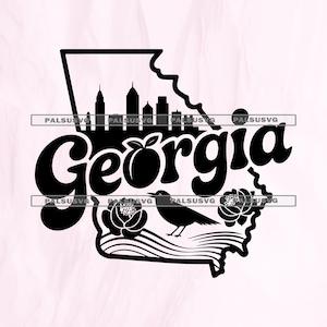 Puede incluir: Diseño gráfico negro con el contorno del estado de Georgia, con una silueta de paisaje urbano, la palabra "Georgia" en fuente cursiva, un melocotón, flores y un pájaro. El diseño está sobre un fondo rosa claro.